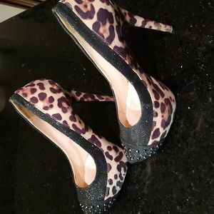 Women's Leopard Print Brown and Black Glitter and Studded 5 inch Heels